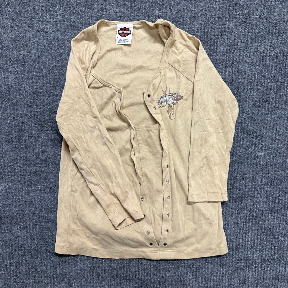 Harley-Davidson Cardigan Womens Size M Tan Sturgis 2004 Graphic Snap Front USA
